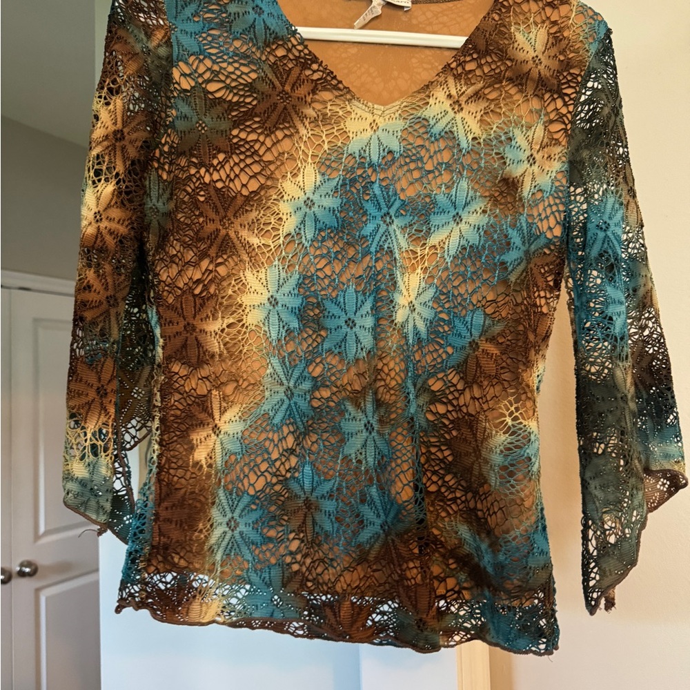 dressbarn Lace V-Neck Blouse in Aqua and Brown